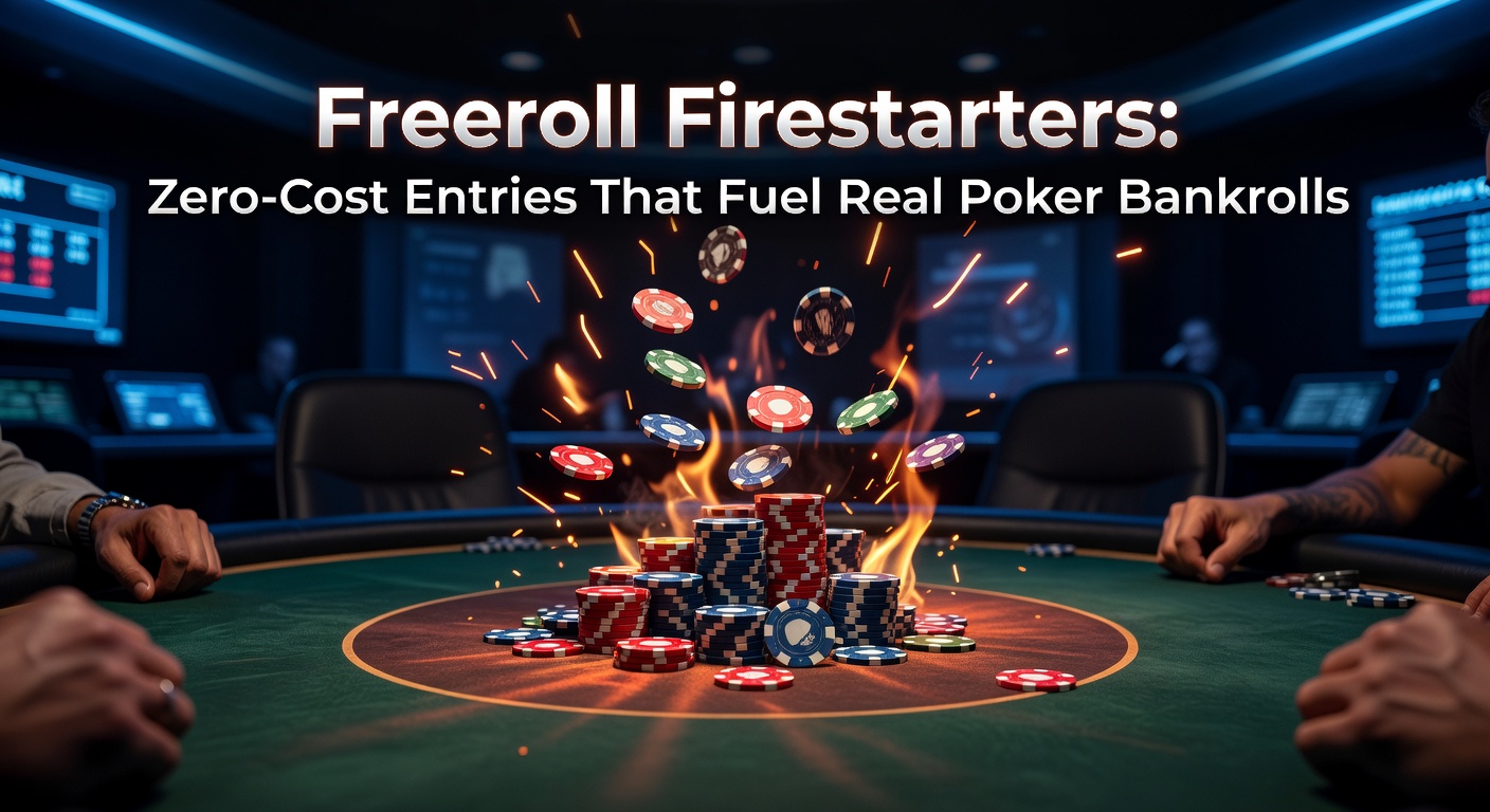 Ein Poker-Spieler jubelt über einen Freeroll-Sieg, während Chips und Karten auf dem Tisch glänzen