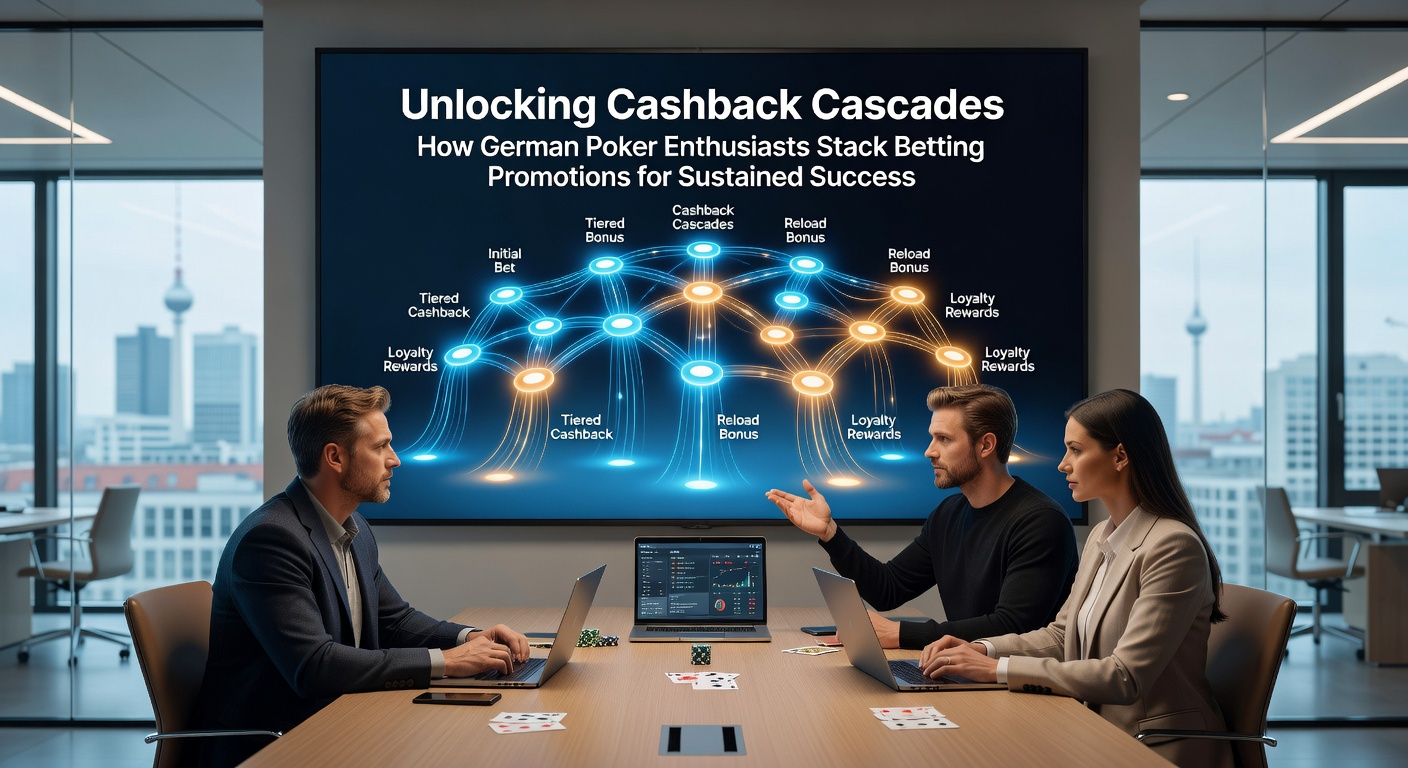 Deutsche Poker-Spieler am Laptop, die Cashback-Angebote und Promotions auf Bildschirmen analysieren, während Stapel von Euro-Scheinen symbolisch im Hintergrund fliegen