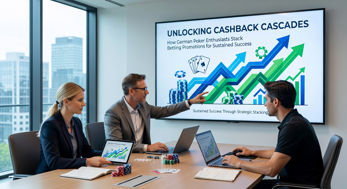 Grafik einer Kaskade mit Poker-Chips, Euro-Symbolen und Pfeilen, die Cashback-Flüsse von Poker zu Sportwetten und zurück darstellen, inklusive Promotions-Icons